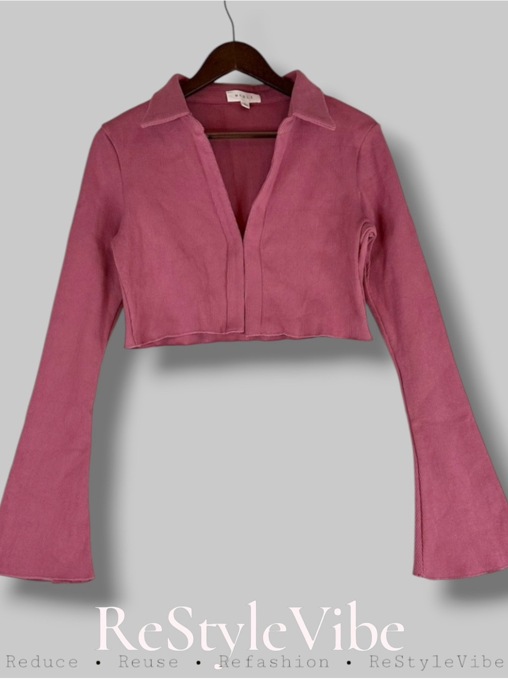 MABLE Women’s Size L Top Shirt Cardigan Cropped Collar Long Tulip Sleeve Pink